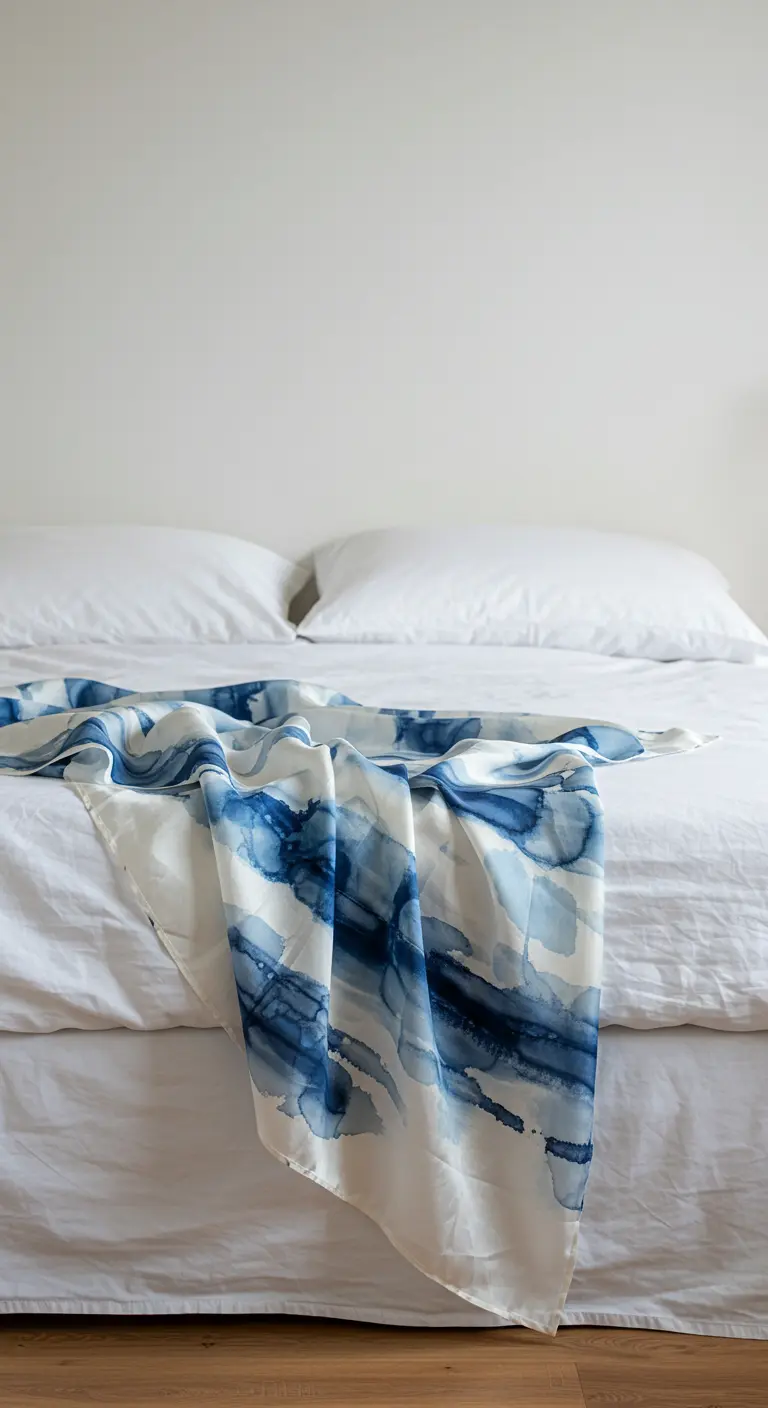 Foulard con estampado de acuarela en tonos azules y blancos colocado sobre una cama blanca.