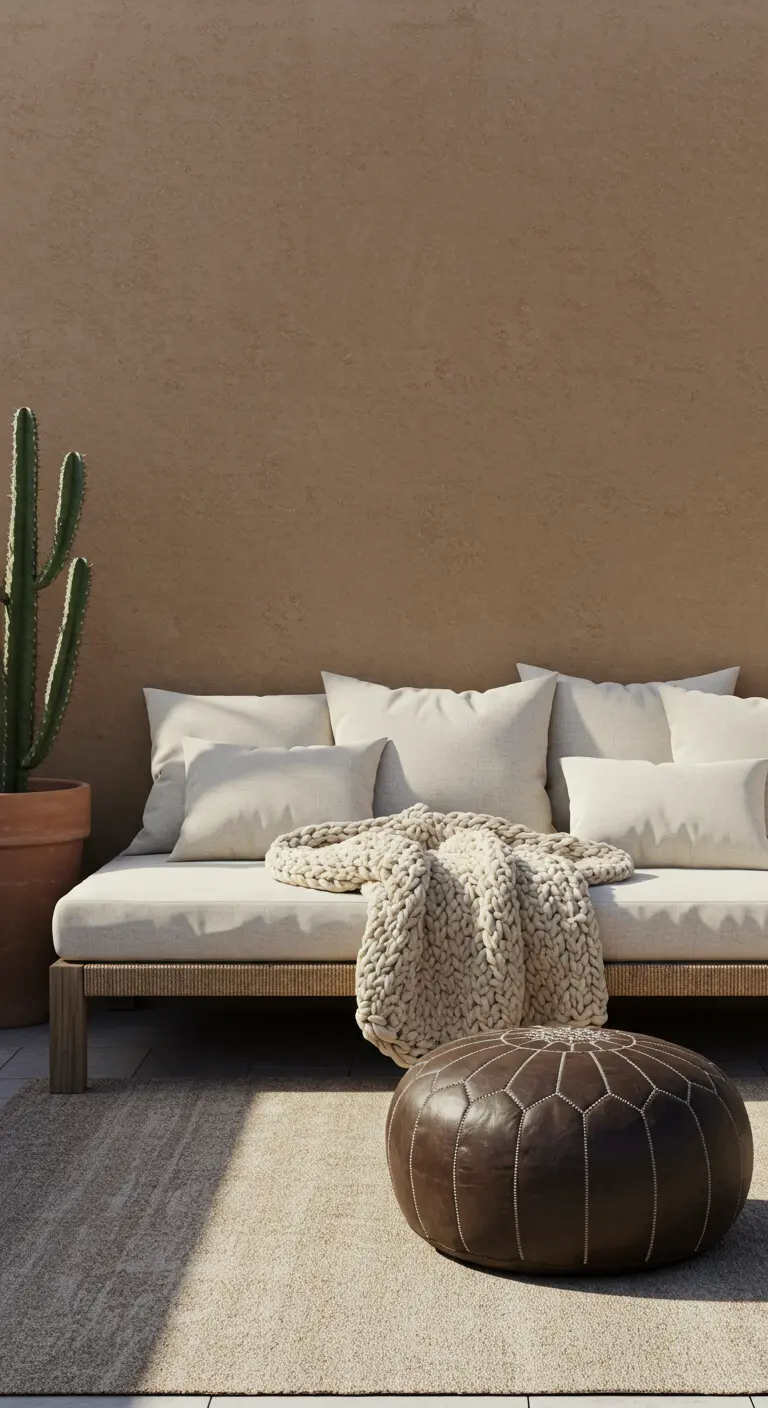 Terraza minimalista con pared color tierra, sofá bajo con cojines blancos y un puf de cuero.