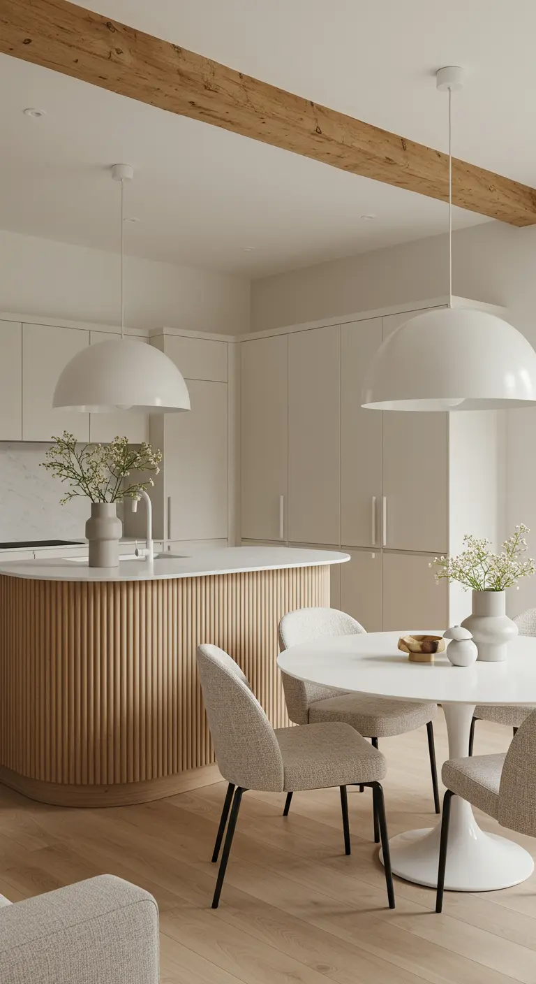 Cocina con isla curva de listones y comedor con mesa redonda y sillas de bouclé.