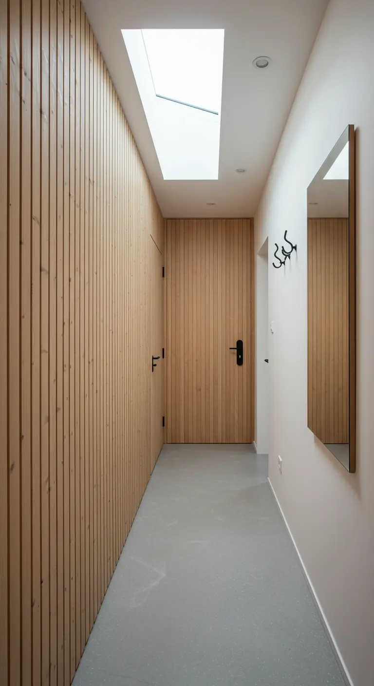 Pasillo de entrada con pared de listones de madera clara y tragaluz.