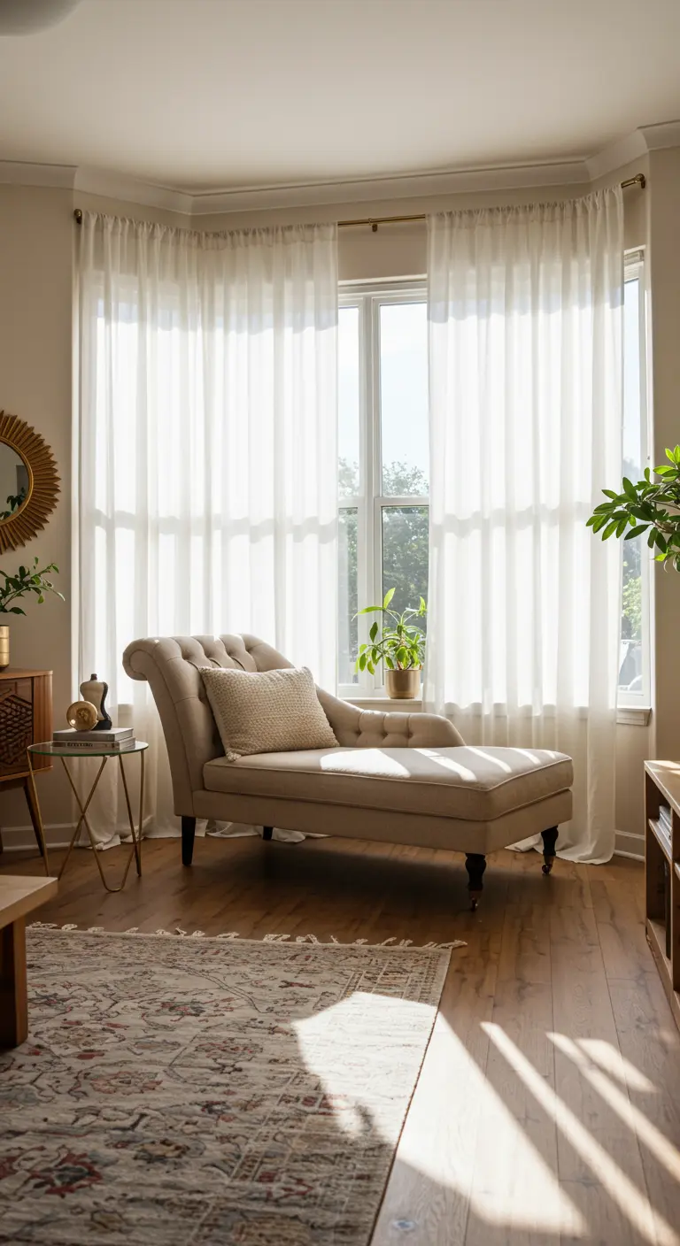Chaise longue junto a una ventana con cortinas de gasa que filtran la luz.