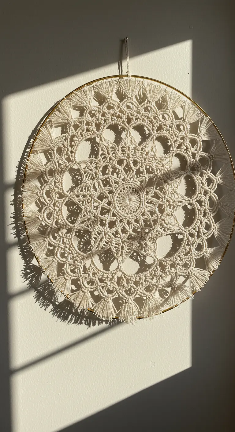 Mandala de macramé en un aro dorado colgado en la pared, con la luz del sol creando sombras.