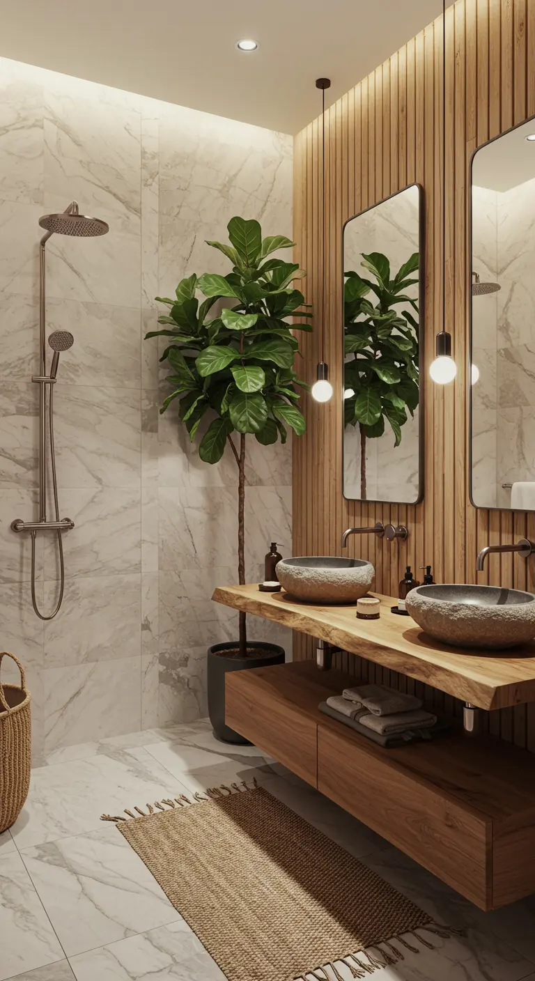 Baño con pared de mármol, encimera de madera natural y lavabos de piedra