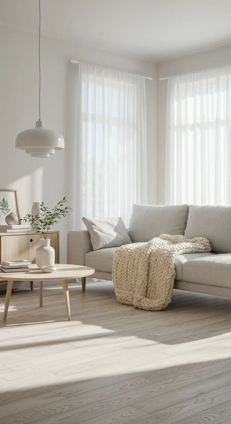 Sala de estar minimalista en tonos blancos con sofá beige y manta de punto grueso