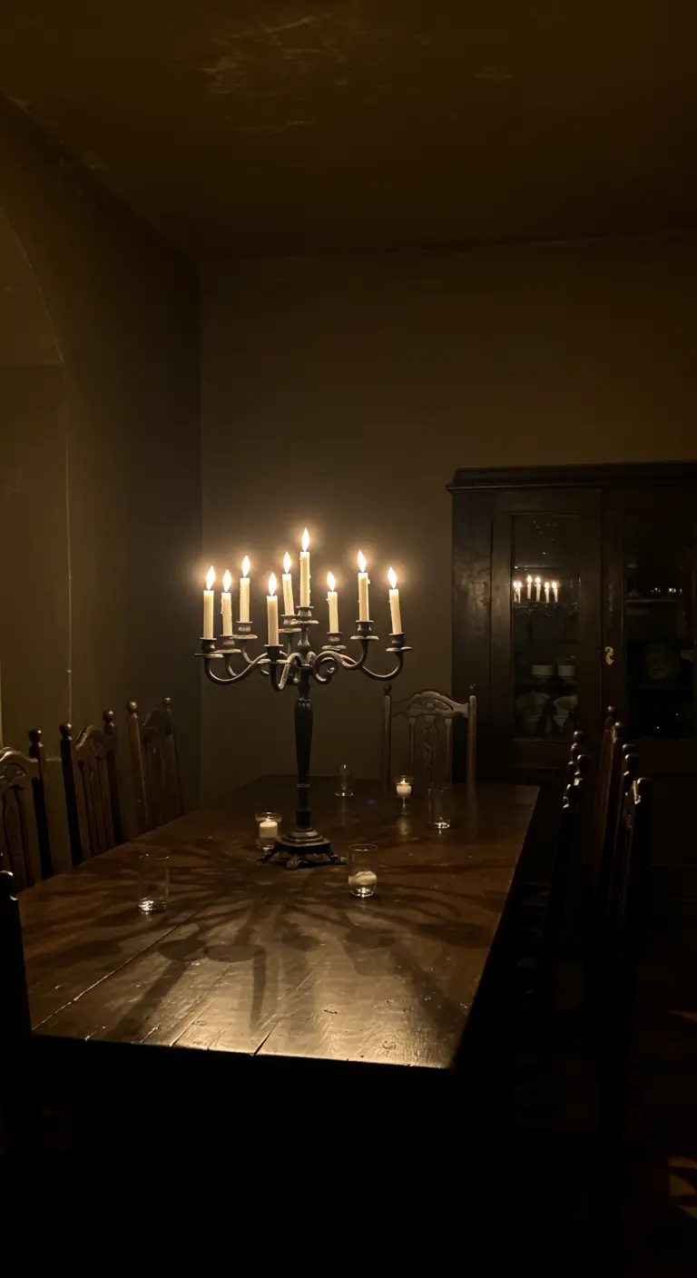 Mesa de comedor de madera oscura iluminada únicamente por un gran candelabro con velas encendidas.