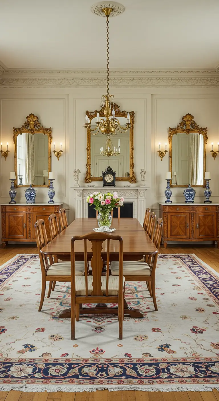 Comedor clásico y simétrico con dos aparadores, dos espejos y una paleta de colores neutros.