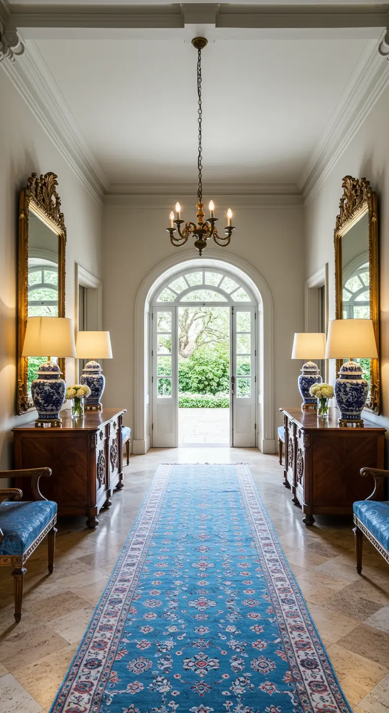 Largo y elegante recibidor con mobiliario simétrico, espejos dorados y un camino persa azul.