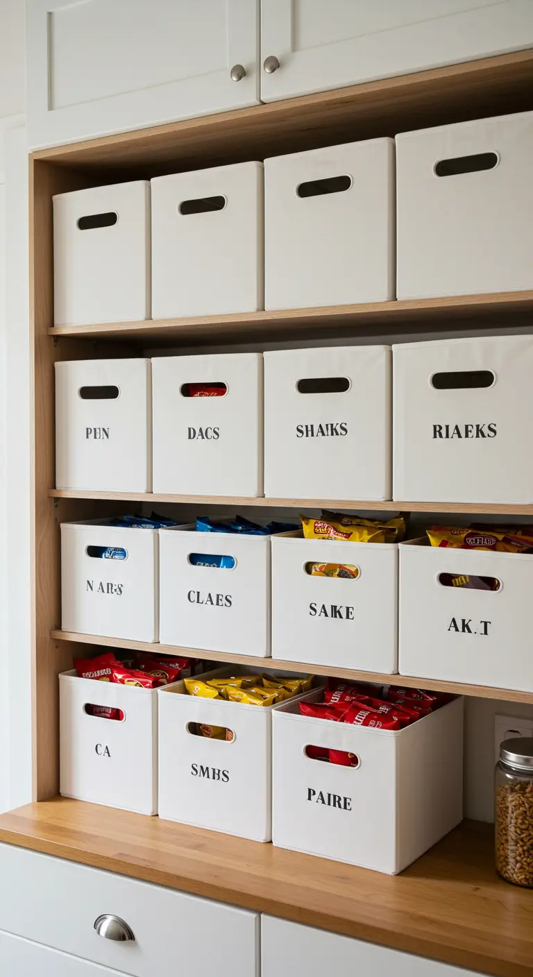 Despensa con estanterías de madera llenas de cajas de almacenamiento blancas y etiquetadas.