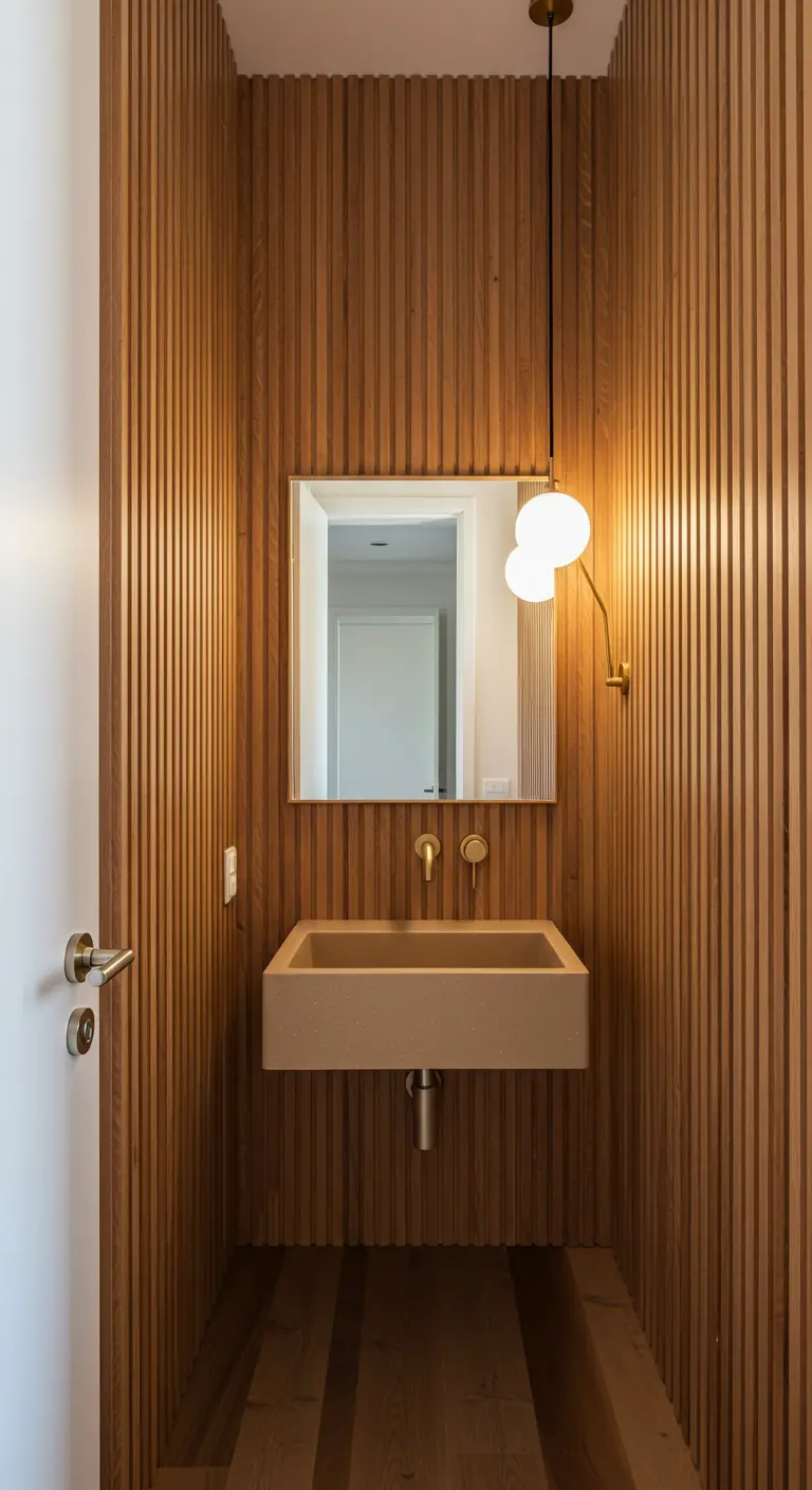Aseo pequeño con paredes de listones de madera, lavabo de terrazo y lámpara colgante