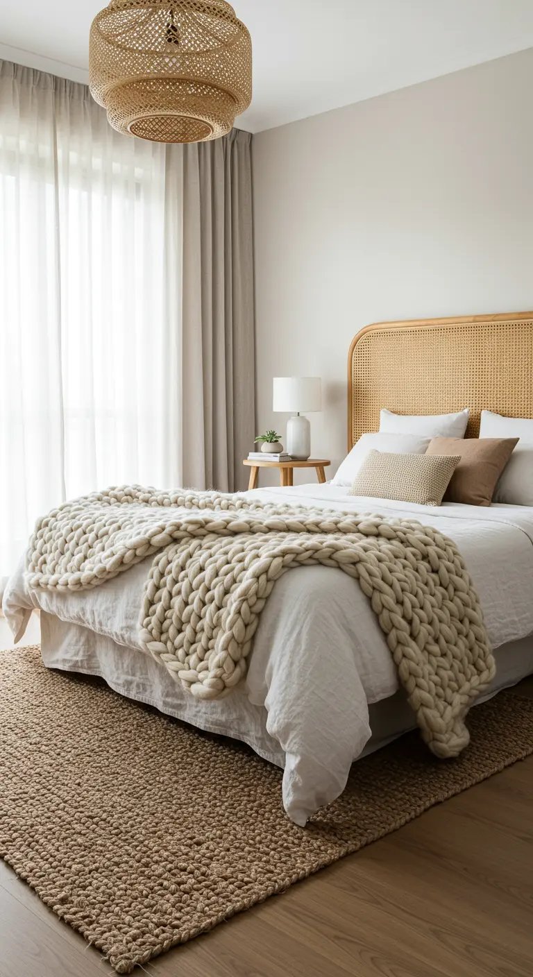 Dormitorio acogedor con una gran manta de punto grueso, cabecero de ratán y alfombra de yute.