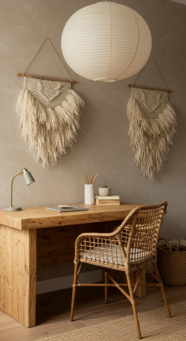 Oficina en casa de estilo rústico y natural con escritorio de pino y tapices de lana.