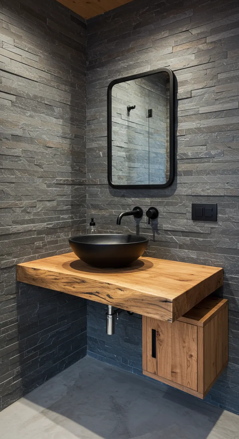 Baño rústico con encimera flotante de madera natural y lavabo negro sobre una pared de piedra.