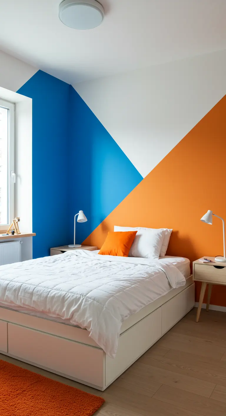 Dormitorio juvenil con pared pintada en bloques geométricos de color azul y naranja.
