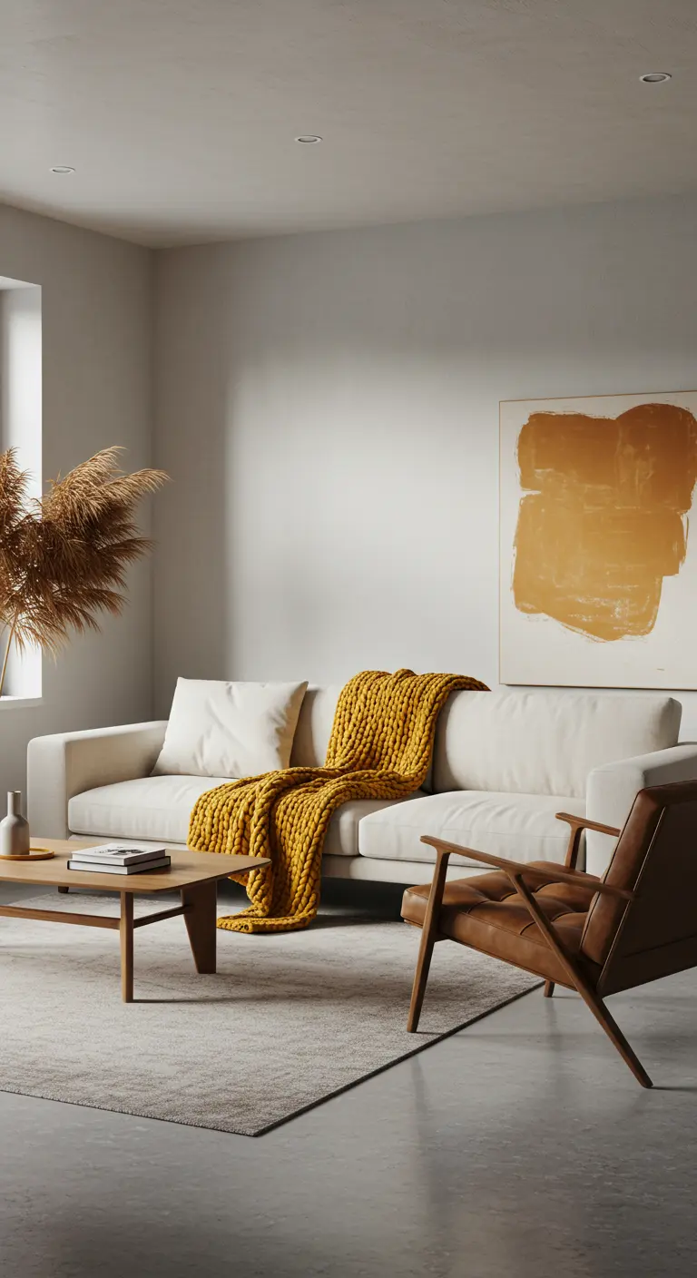 Sofá blanco minimalista con una manta de punto grueso color mostaza y un sillón de cuero.