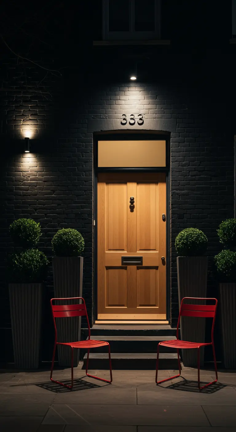 Entrada nocturna con pared de ladrillo negro, puerta de madera y dos sillas metálicas de color rojo brillante.