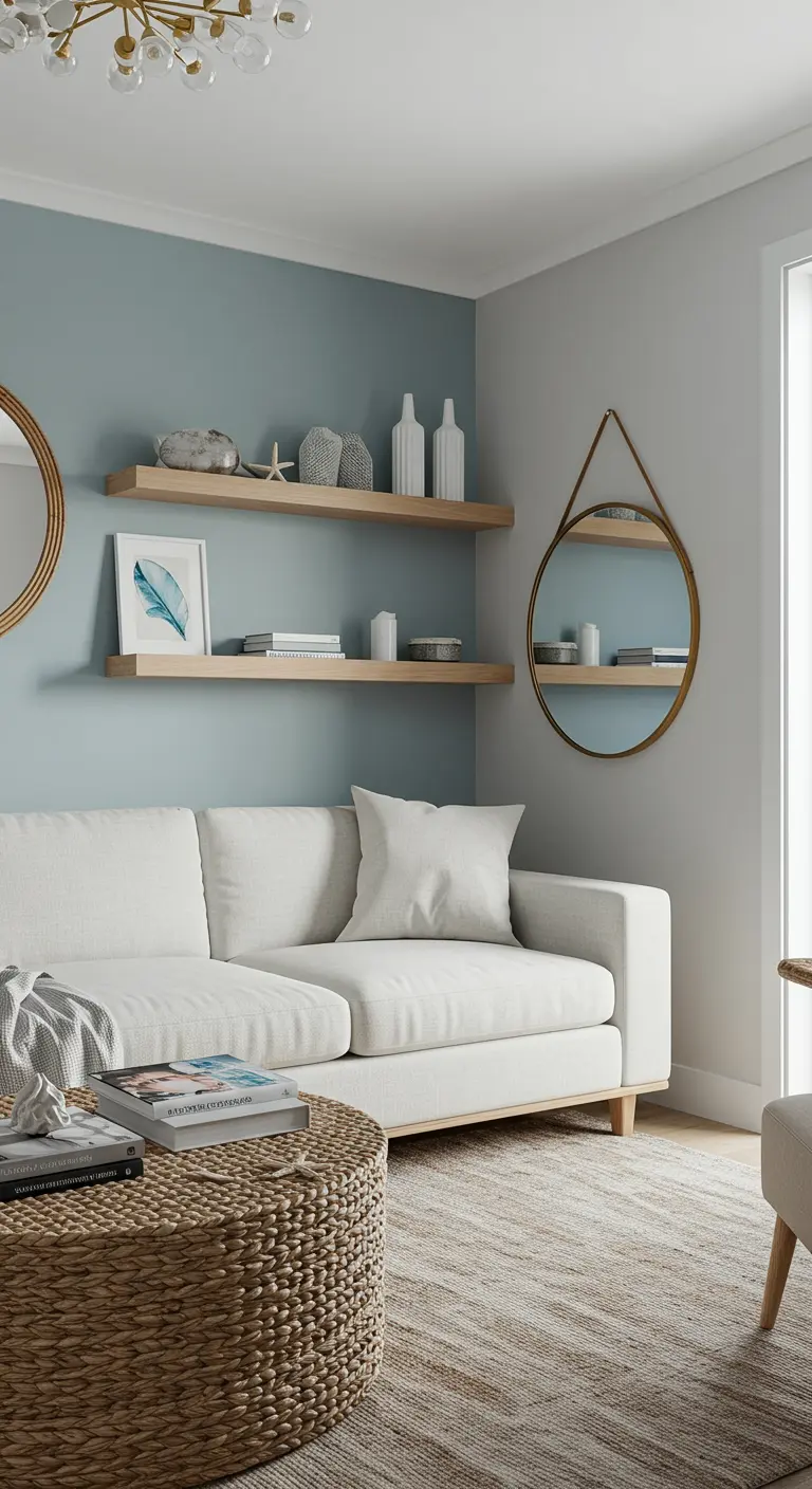 Sala con pared de acento azul, sofá blanco y estantes de madera con decoración costera