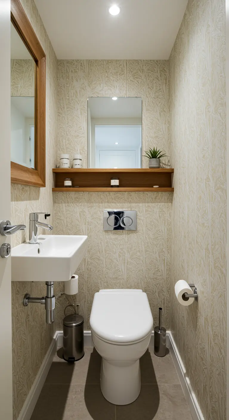 Aseo pequeño con papel pintado de motivos botánicos y una estantería de madera sobre el inodoro.