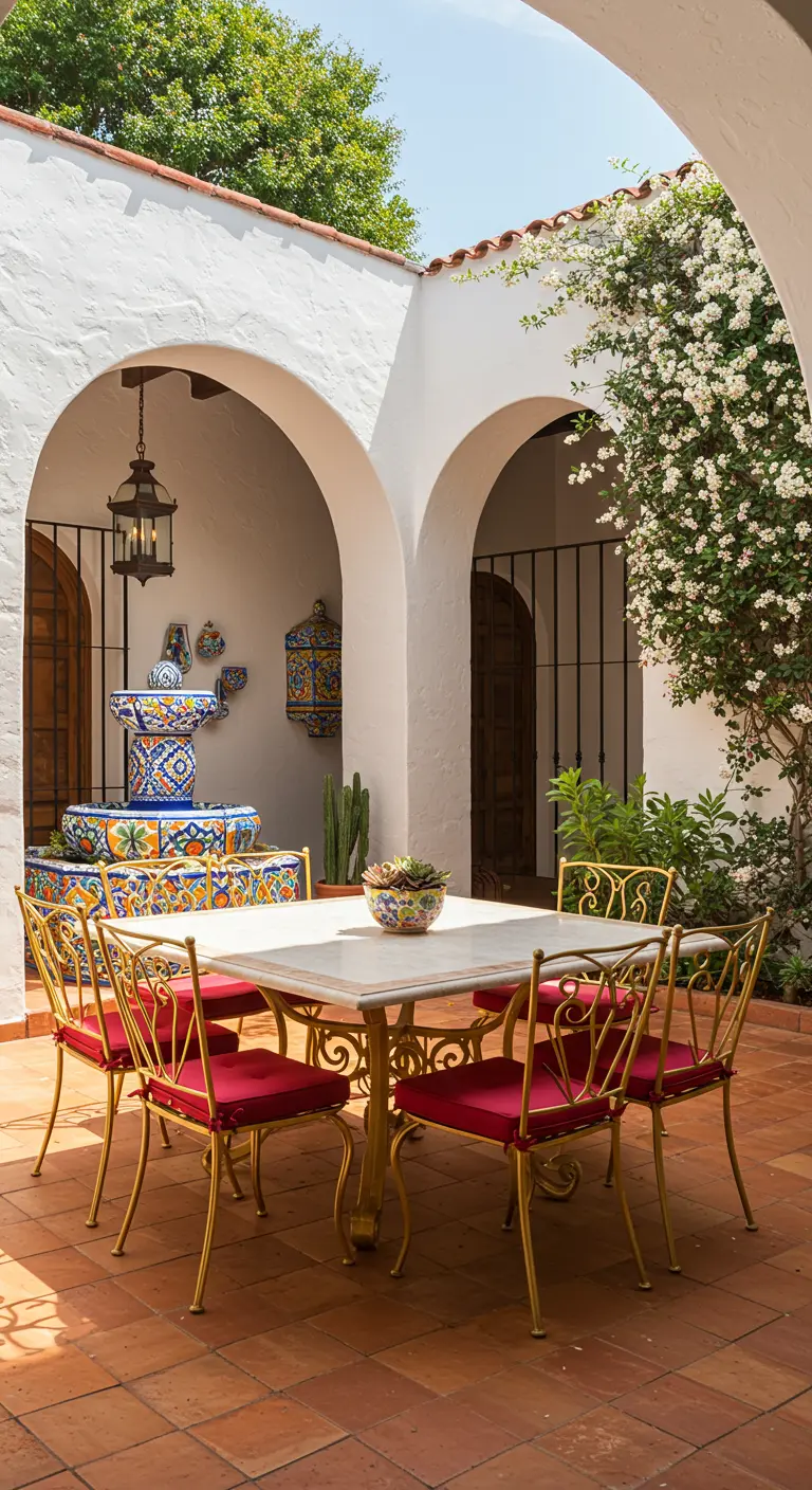 Patio de estilo hacienda con una fuente de azulejos y una mesa con sillas doradas y cojines rojos