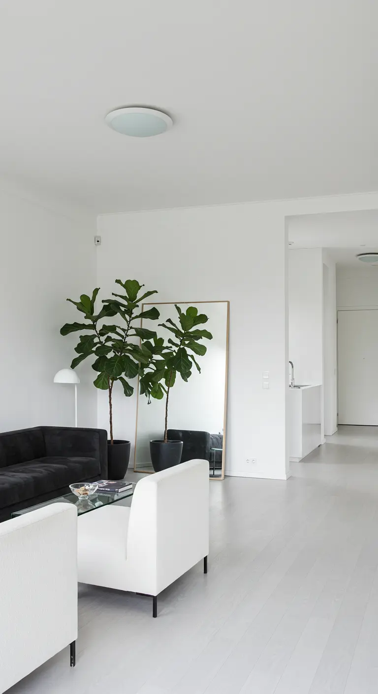 Sala minimalista con un gran espejo con marco de madera y una planta alta junto al sofá.