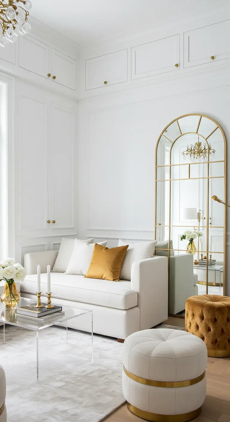 Salón luminoso con sofá blanco, un gran espejo de arco dorado y pufs de terciopelo y cuero