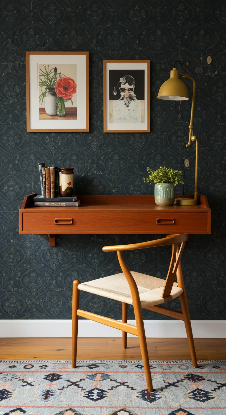 Escritorio flotante de madera de teca sobre una pared con papel tapiz oscuro de estampado floral.