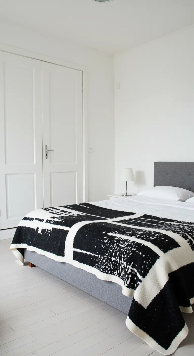 Cama minimalista con ropa de cama blanca y una manta con un audaz estampado gráfico en blanco y negro.