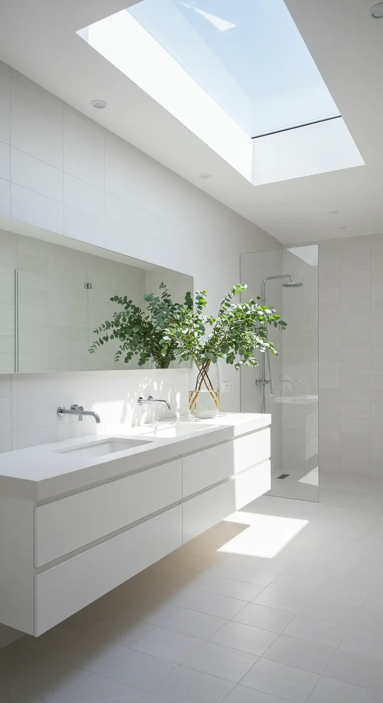 Baño blanco minimalista con un gran jarrón de cristal con ramas de eucalipto sobre el lavabo.