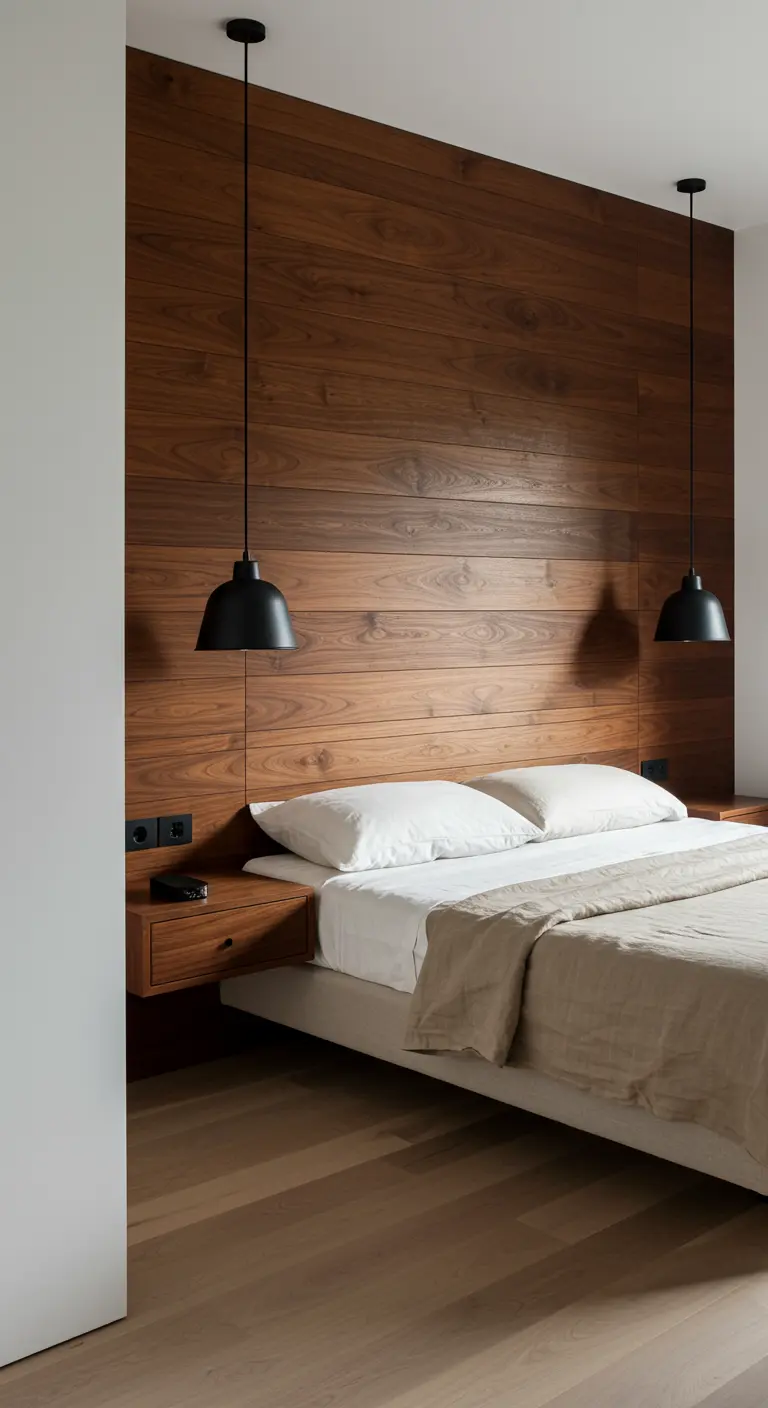 Dormitorio con pared de acento de madera oscura y lámparas colgantes negras