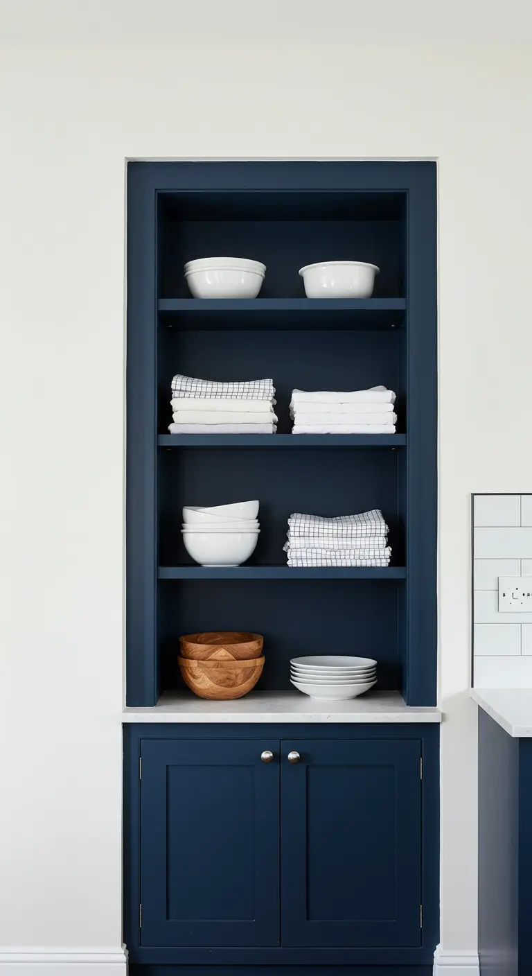 Nicho de pared pintado de azul oscuro con baldas, utilizado como alacena para vajilla y textiles.