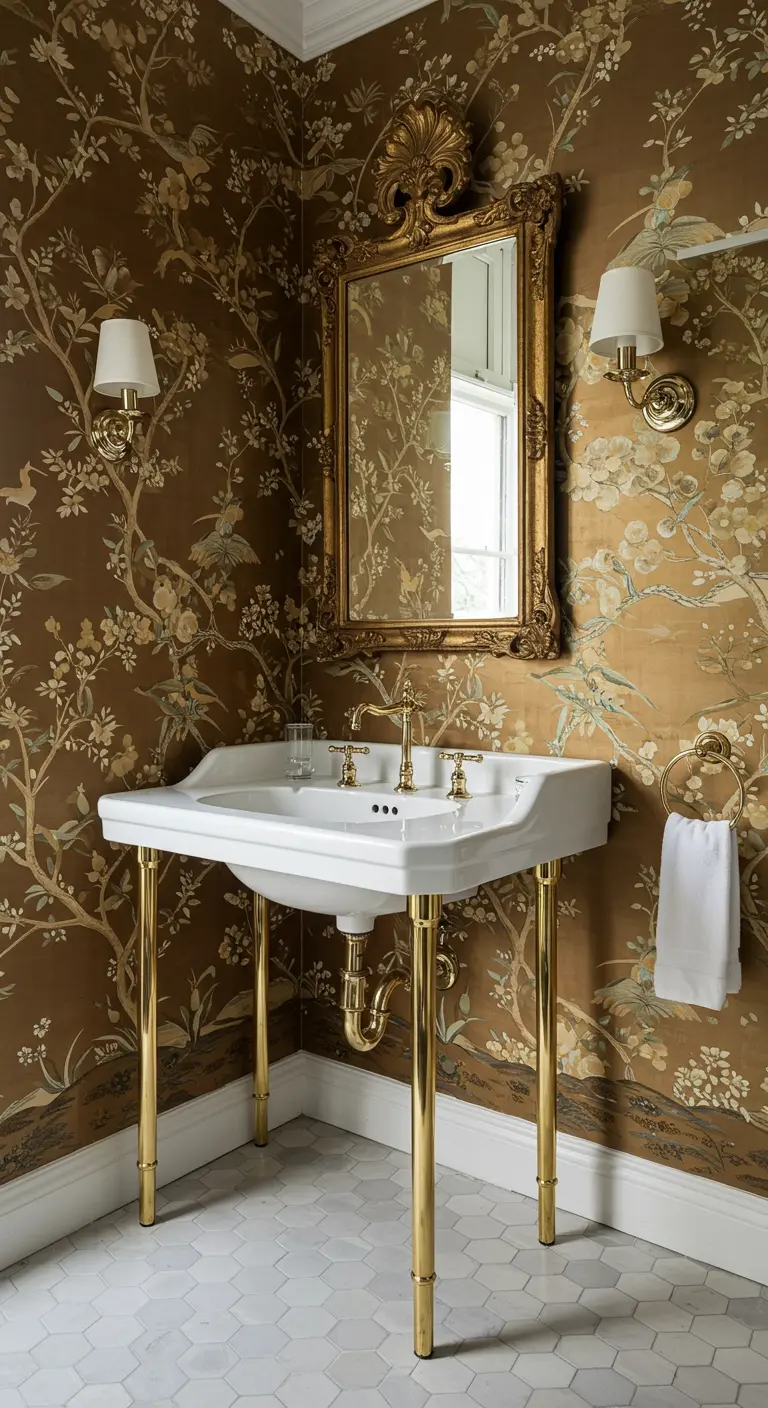 Baño pequeño con papel pintado de estilo chinoiserie, espejo dorado ornamentado y lavabo con patas doradas.
