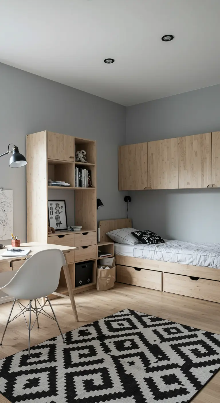 Dormitorio juvenil con muebles de madera clara y una alfombra geométrica en blanco y negro.