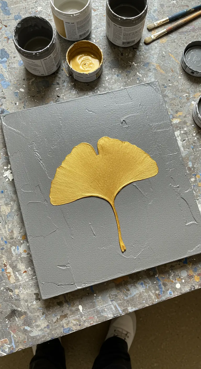 Lienzo cuadrado gris con una única hoja de ginkgo dorada en relieve en el centro.