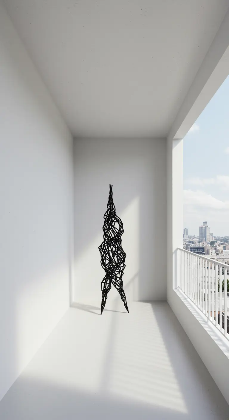 Una escultura abstracta de alambre negro en el centro de un balcón totalmente blanco y vacío.