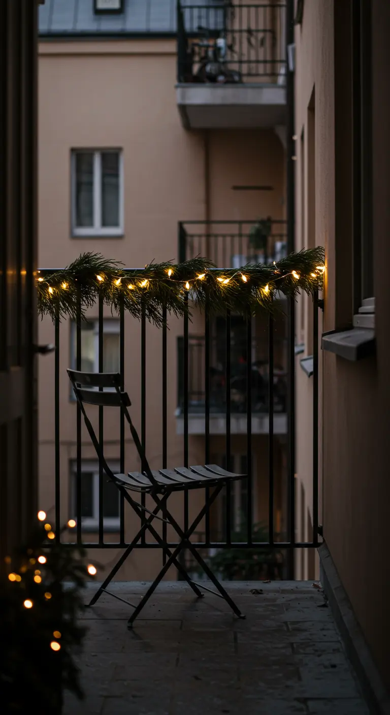 Balcón minimalista con una única y delgada guirnalda de pino y luces en una barandilla negra.