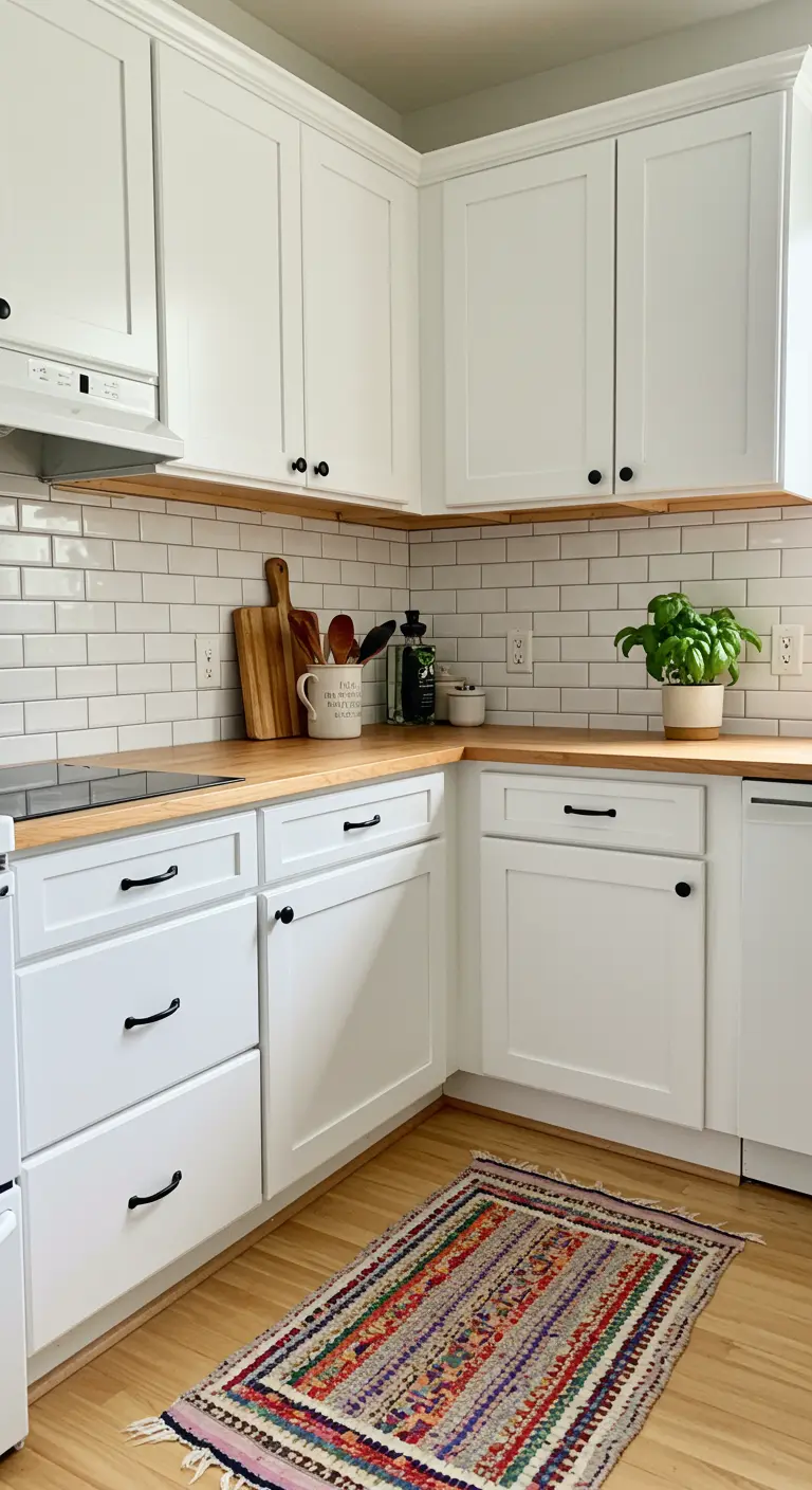 Cocina blanca con encimeras de madera y una alfombra de colores vibrantes en el suelo.