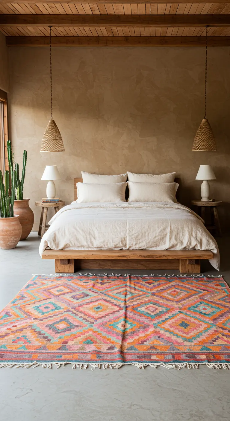 Dormitorio de tonos neutros con paredes de estuco y una gran alfombra zapoteca de colores.
