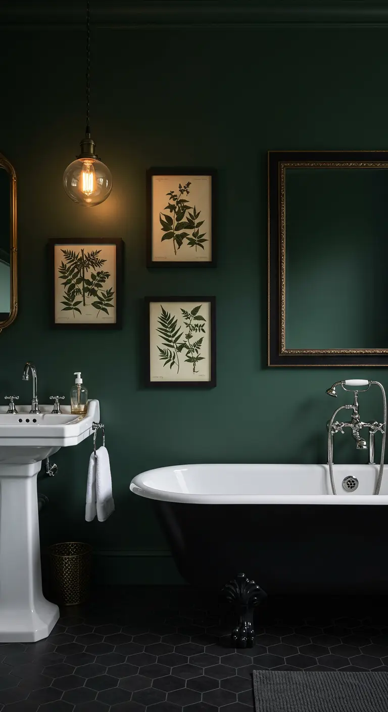 Baño oscuro con una sola bombilla colgante y láminas botánicas