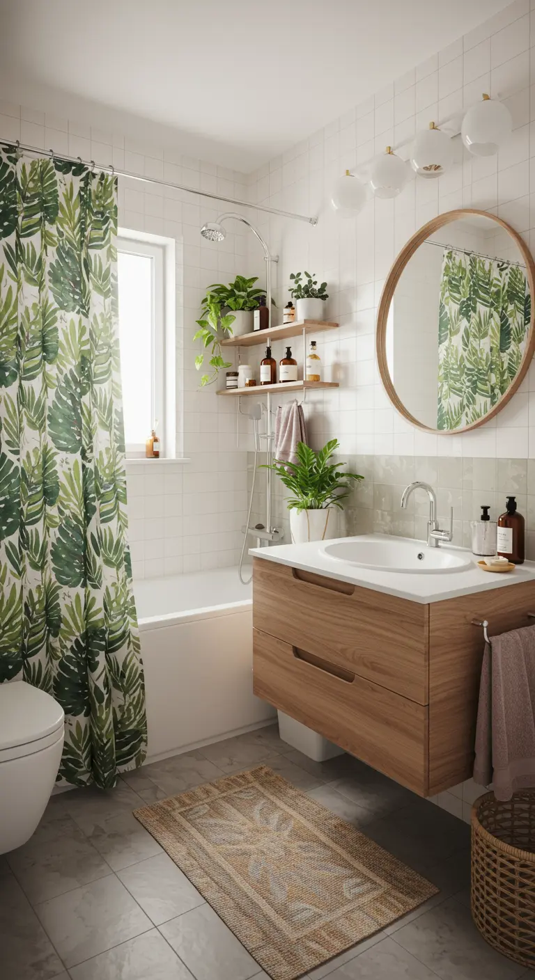Baño blanco y madera con cortina de ducha de hojas tropicales y plantas.