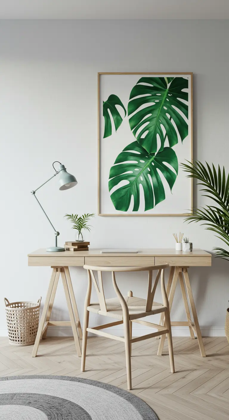 Oficina minimalista con escritorio de madera clara y un gran cuadro con una ilustración de hoja de monstera.