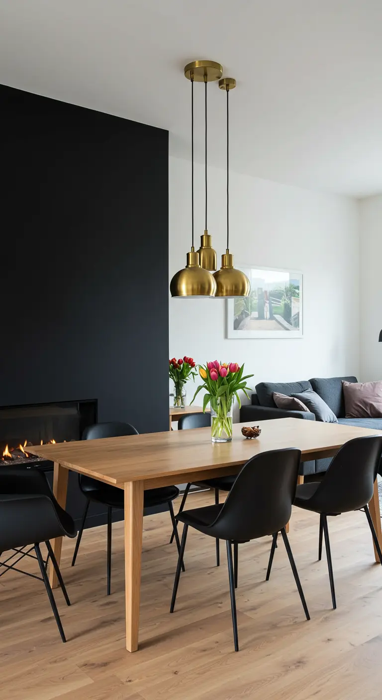 Comedor con una pared de acento negra, mesa de madera y lámparas doradas.