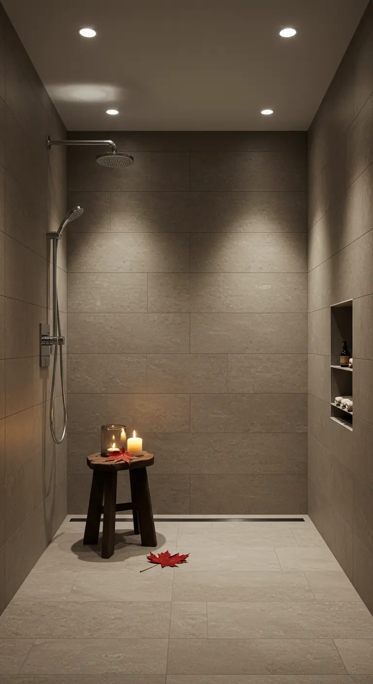 Ducha minimalista de tonos neutros con un taburete, velas y una hoja de arce roja.