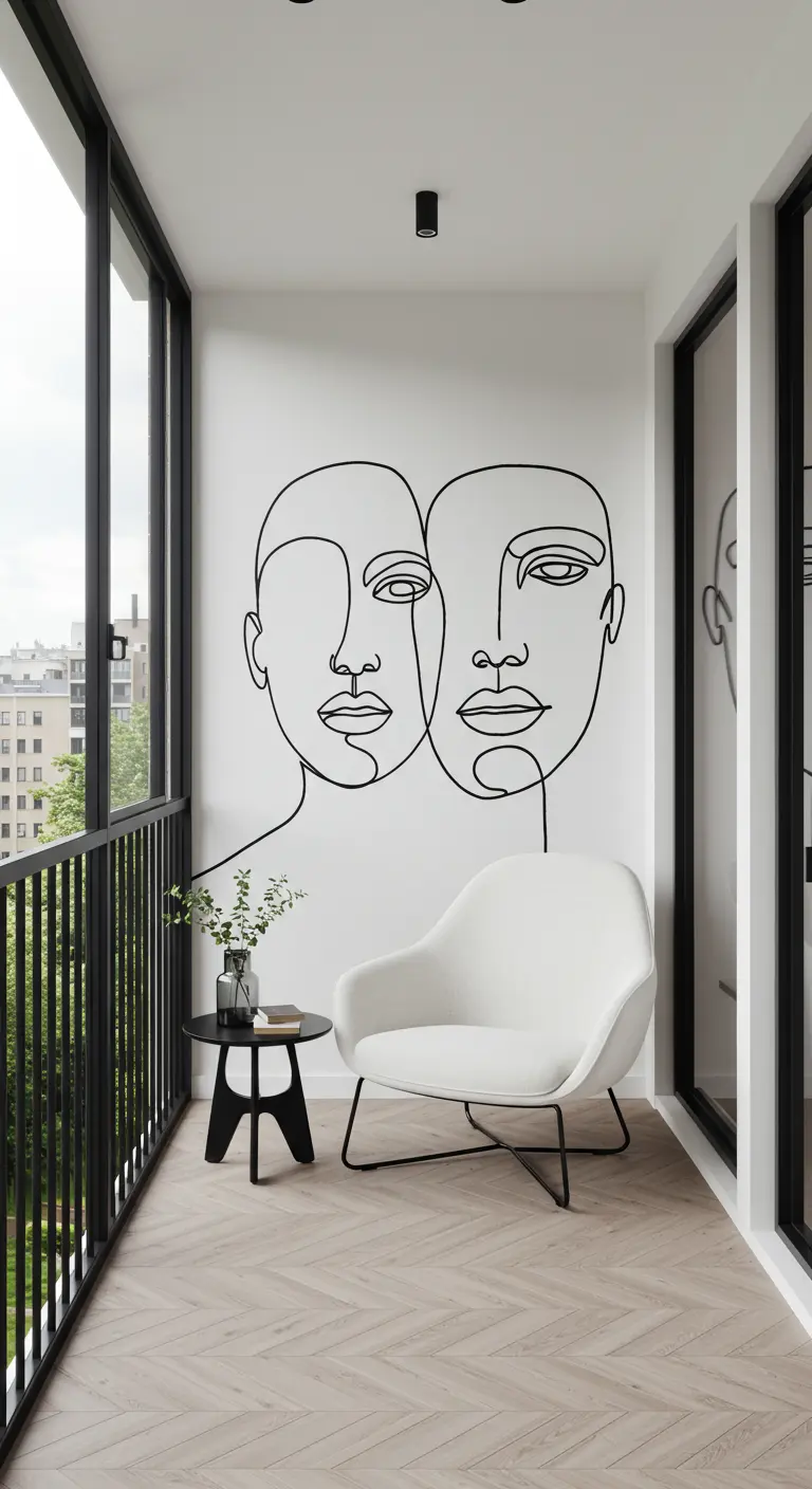 Balcón minimalista con un mural de dos rostros dibujados con una sola línea.