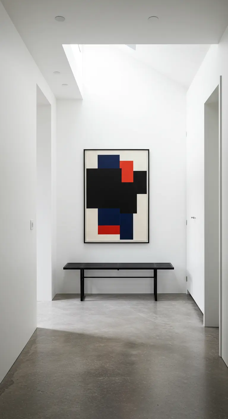 Pasillo blanco y minimalista con un gran cuadro de arte moderno abstracto y un banco negro.