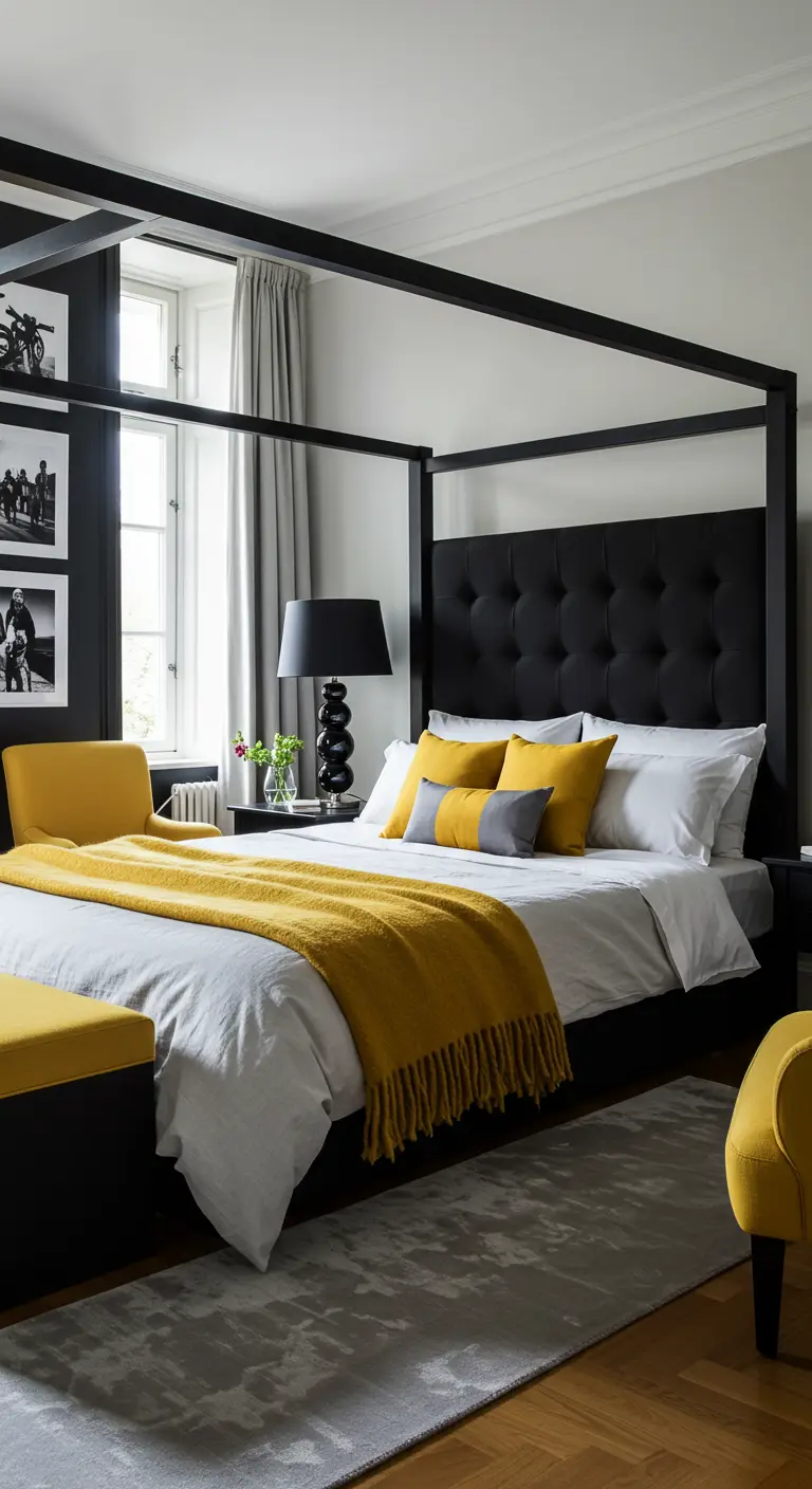 Dormitorio moderno con cama con dosel negra y vibrantes acentos en amarillo mostaza