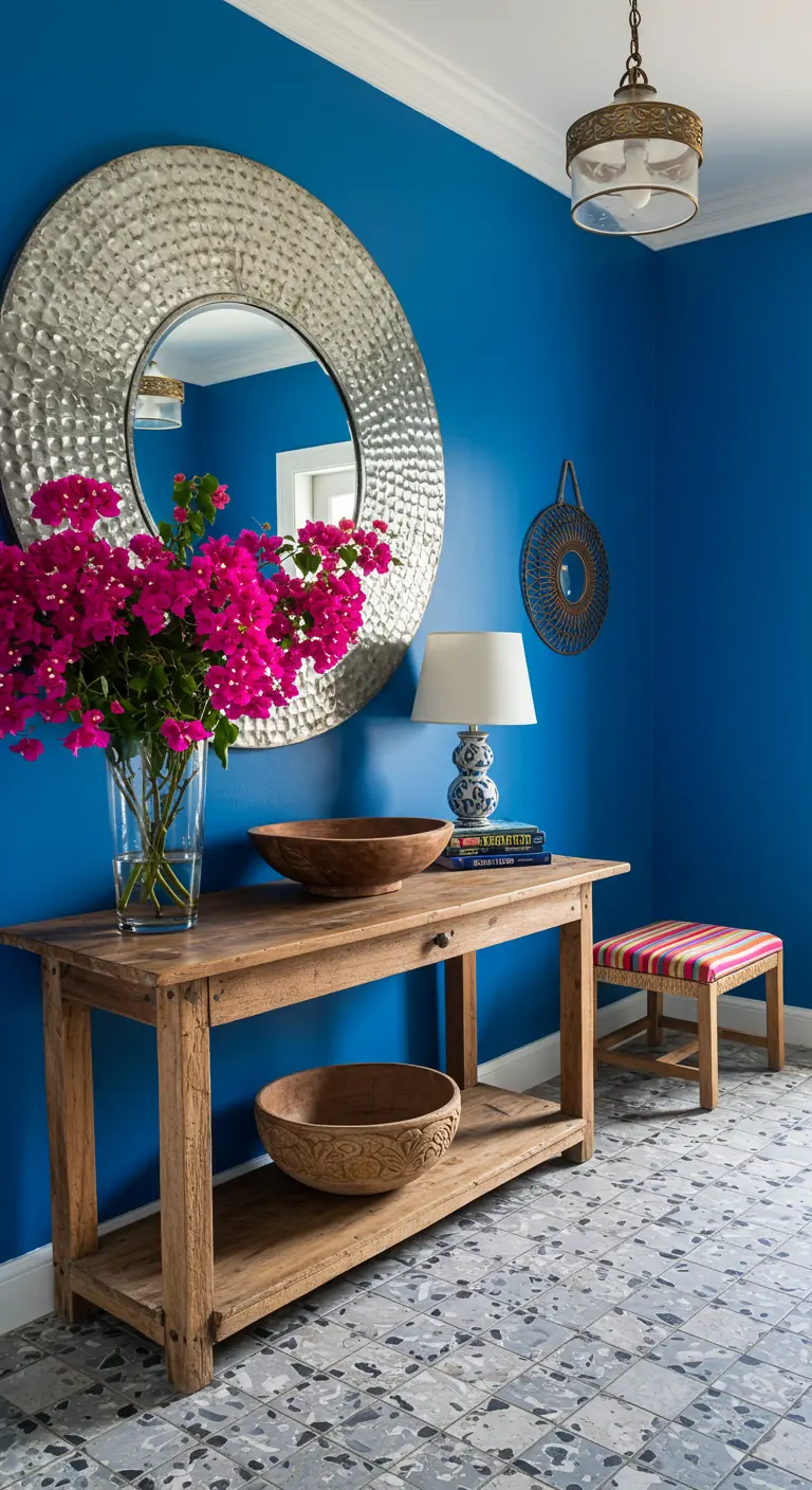 Entrada con pared azul intenso, consola de madera, espejo plateado repujado y flores fucsias.