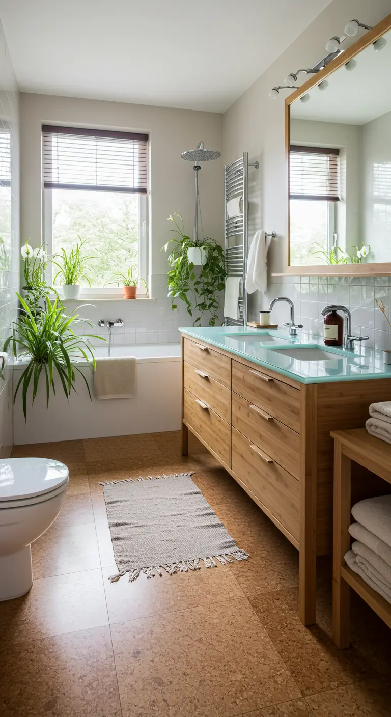 Baño luminoso con muebles de bambú, suelo de corcho y muchas plantas verdes.