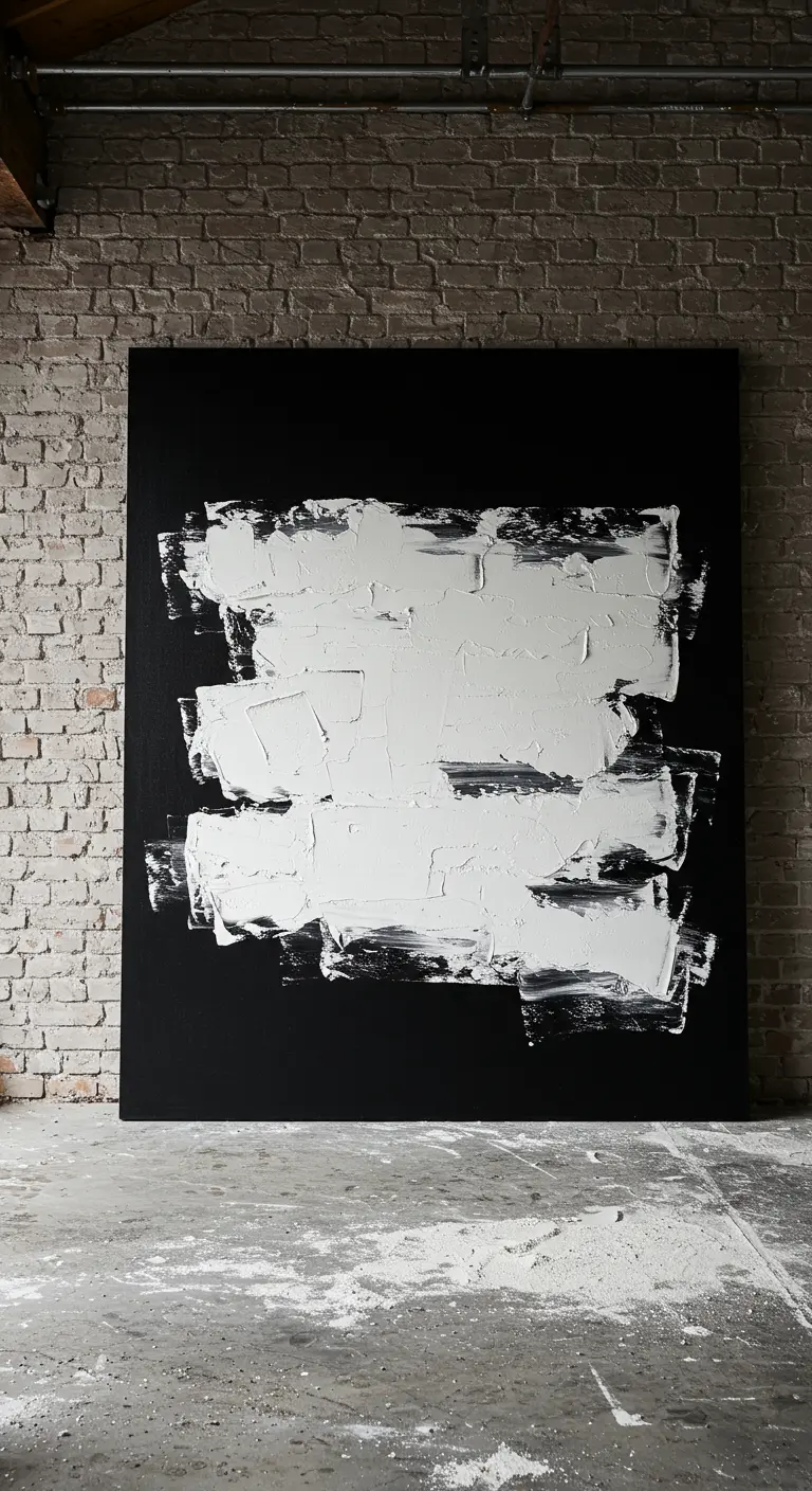 Lienzo negro de gran formato con una mancha abstracta de yeso blanco grueso en el centro