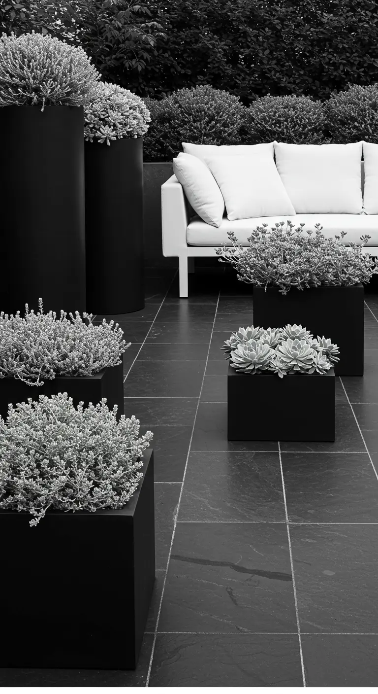 Patio minimalista en blanco y negro, con sofá blanco, macetas negras de diferentes alturas y suculentas plateadas