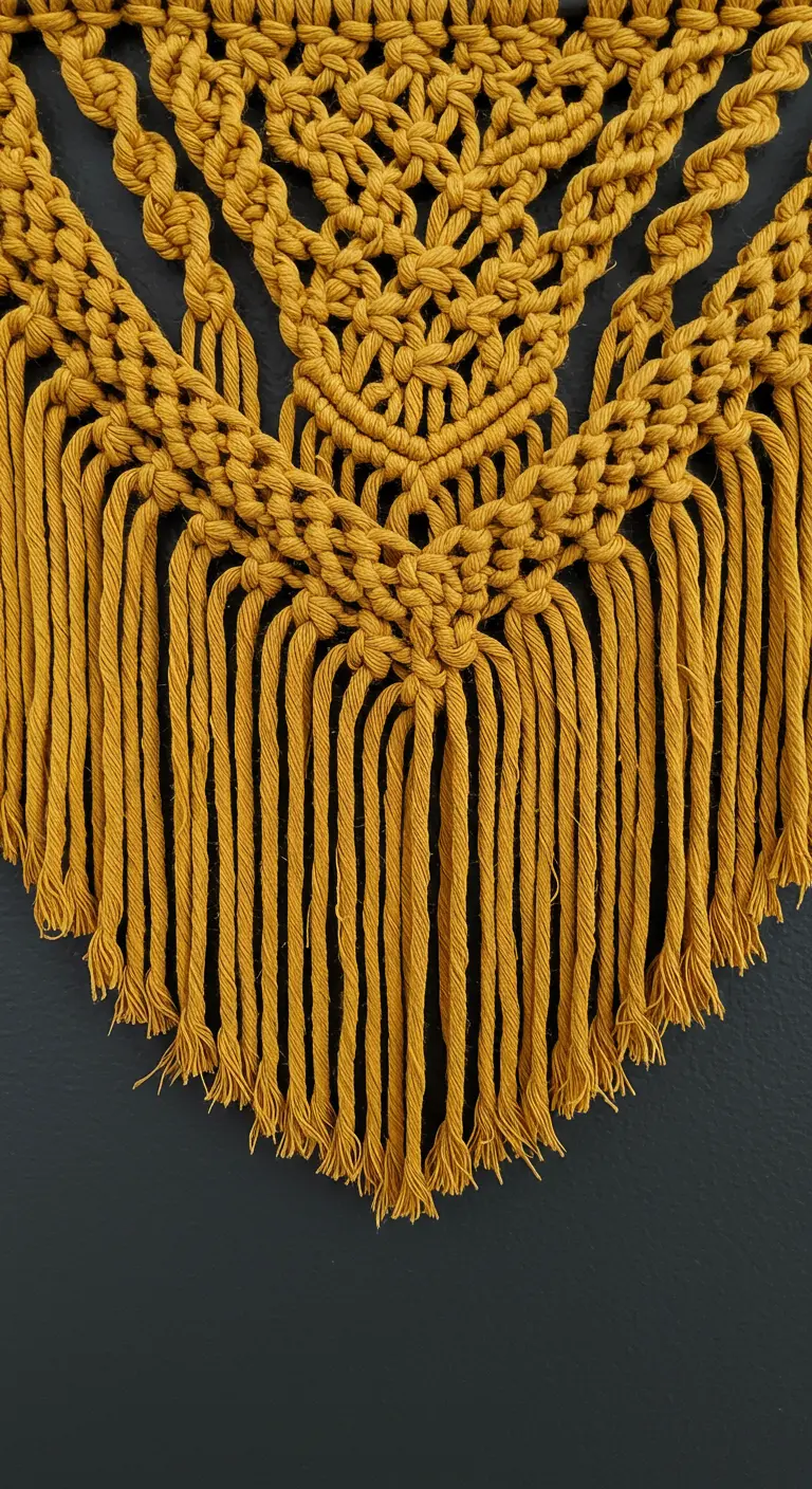 Primer plano de un tapiz de macramé hecho con cuerda de color amarillo mostaza sobre una pared oscura.