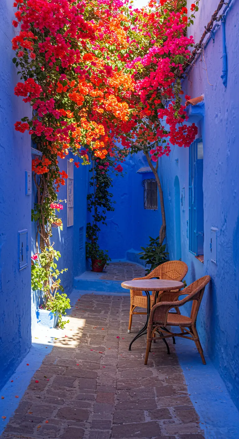 Callejón estrecho con paredes azul intenso, buganvillas rojas y un pequeño set de bistró.